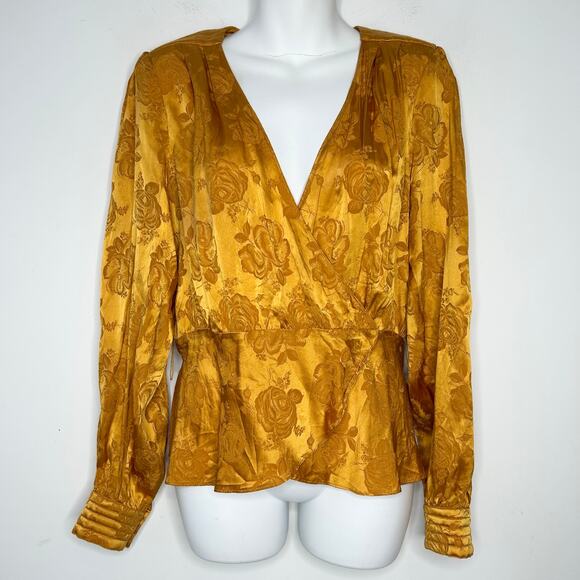 RONNY KOBO Top Womens Large Silk Satin Mustard Yellow Gold Floral Holiday Office - Picture 2 of 12